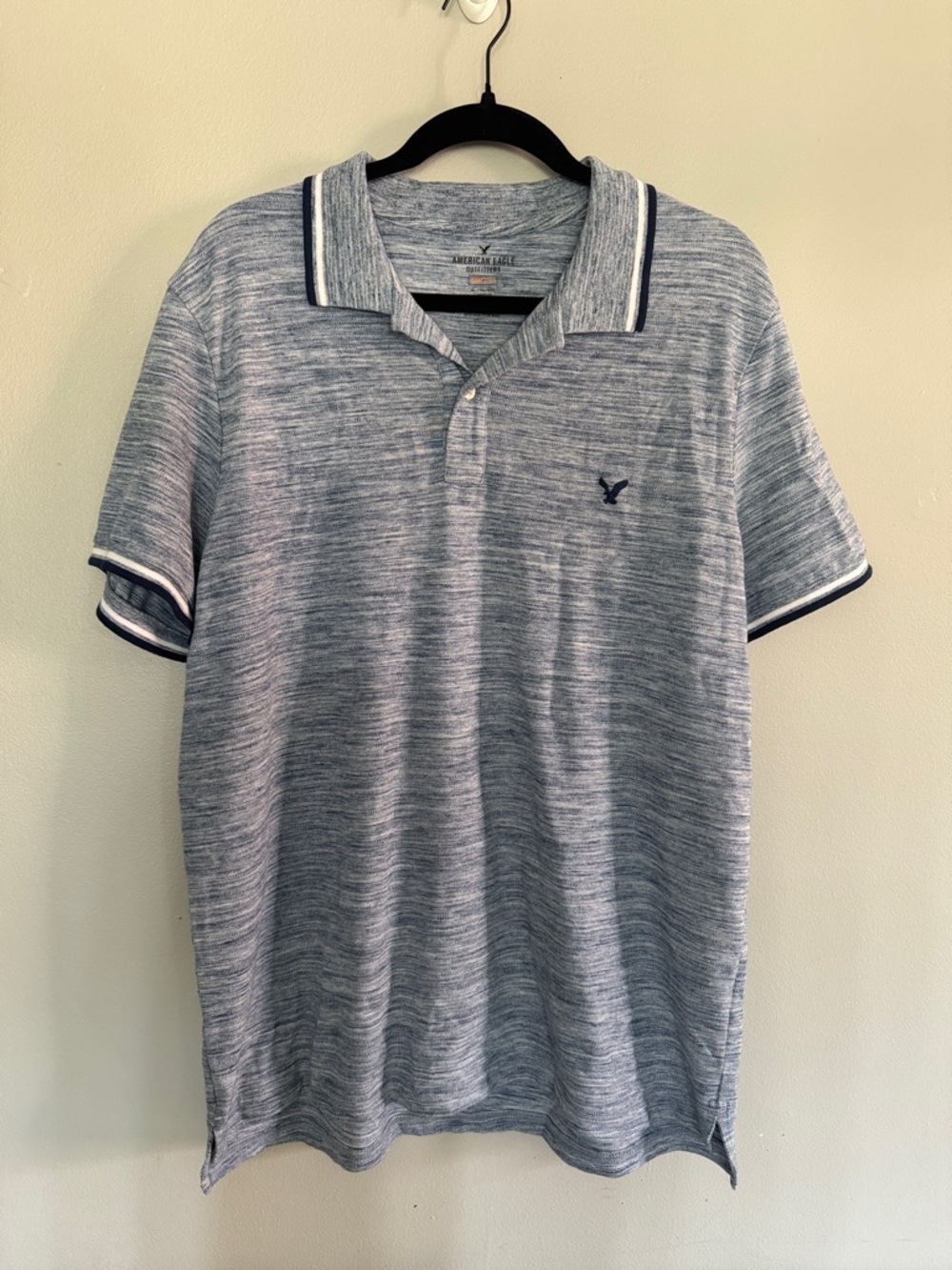 American Eagle Outfitters Men's Light Blue Melange Polo with Navy Trim